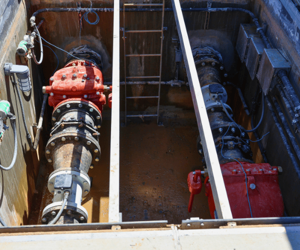 Two large industrial pipes with red casings are installed in a concrete enclosure with large pipes and electrical conduits.